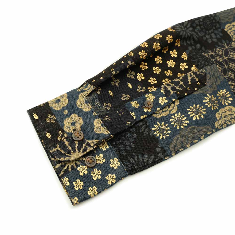 衣櫻 - ムラ糸クロス素材 長袖レギュラーシャツ - 大島紬調パッチワークプリント - SA1668