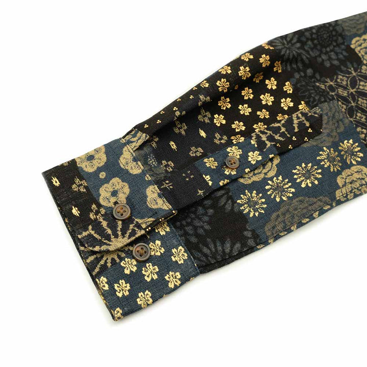 衣櫻 - ムラ糸クロス素材 長袖レギュラーシャツ - 大島紬調パッチワークプリント - SA1668