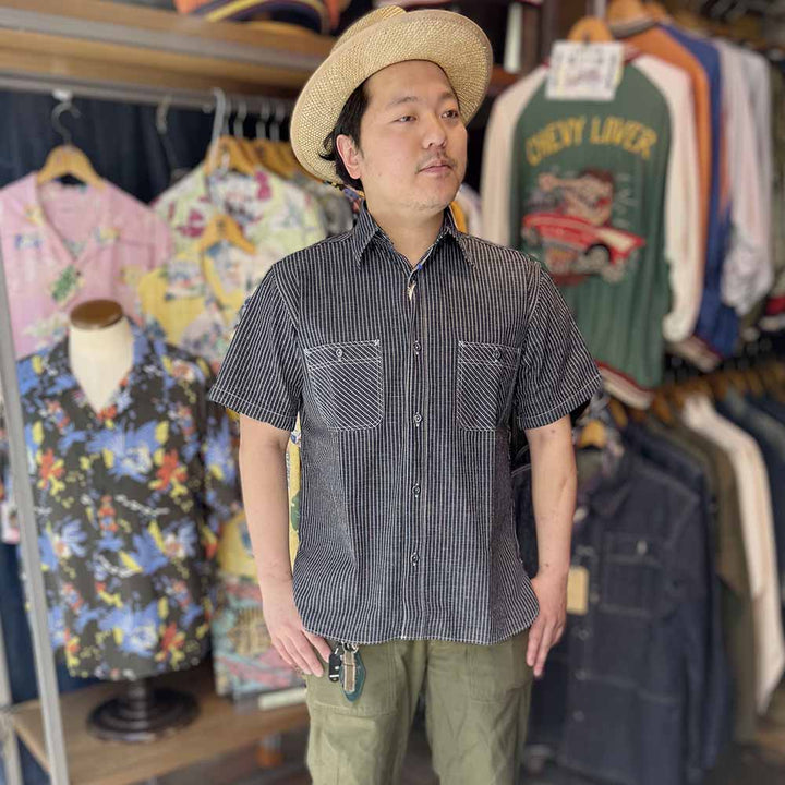 SUGAR CANE - FICTION ROMANCE - 5.25oz. INDIGO CHECK WORK SHIRT - SC39734