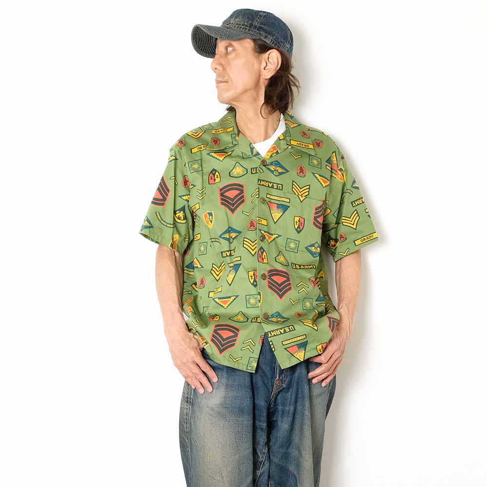 SUN SURF - COTTON HERRINGBONE HAWAIIAN SHIRT - INSIGNIA OF ARMY - SS39696