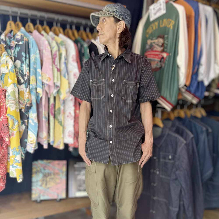 SUGAR CANE - FICTION ROMANCE - 8.5oz. BLACK WABASH STRIPE - S/S WORK SHIRT - SC39702