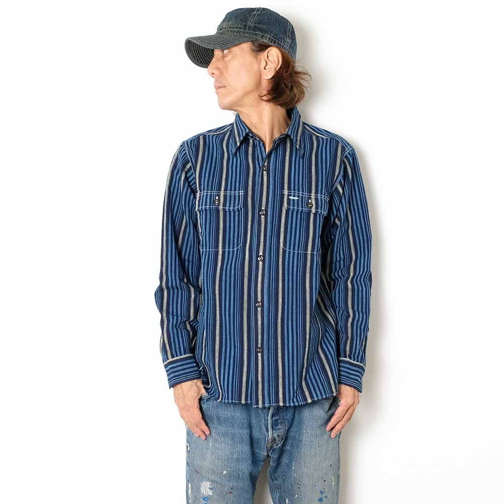 SUGAR CANE - FICTION ROMANCE - 5.5oz. INDIGO STRIPE WORK SHIRT - SC29592