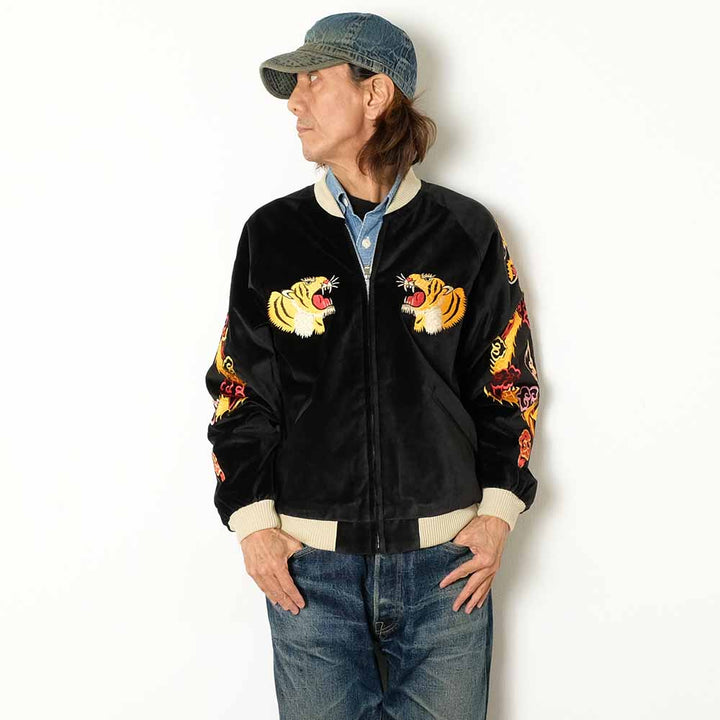 TAILOR TOYO - Mid 1950s Style Velveteen Souvenir Jacket - GOLD DRAGON & GOLD TIGER × JAPAN MAP - TT15840