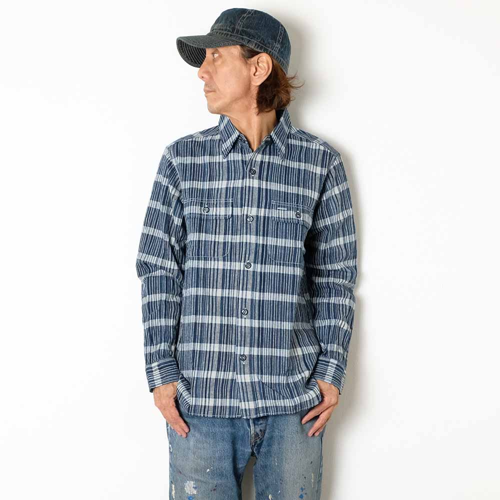SUGAR CANE - FICTION ROMANCE 5oz. INDIGO CHECK WORK SHIRT - SC29591