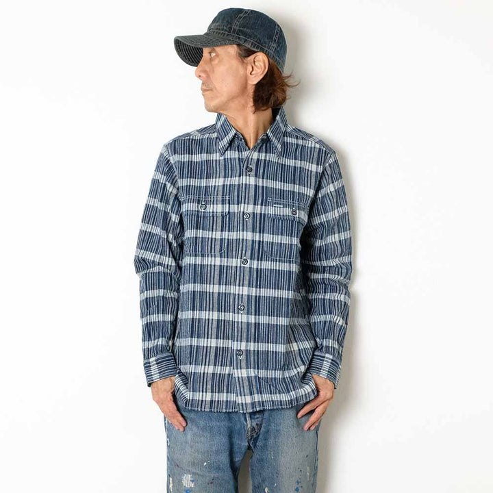 SUGAR CANE - FICTION ROMANCE 5oz. INDIGO CHECK WORK SHIRT - SC29591