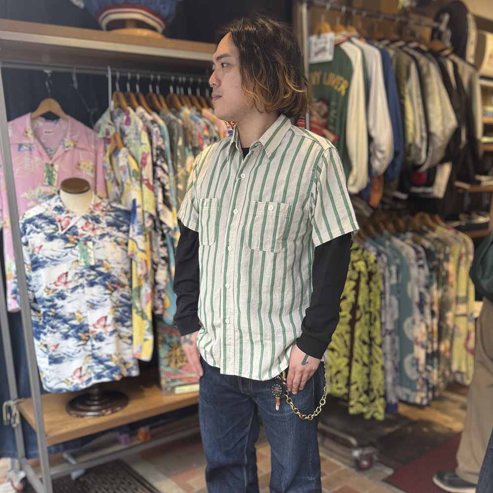 SUGAR CANE - COTTON LINEN - DOBBY HERRINGBONE STRIP - S/S WORK SHIRT - SC39727