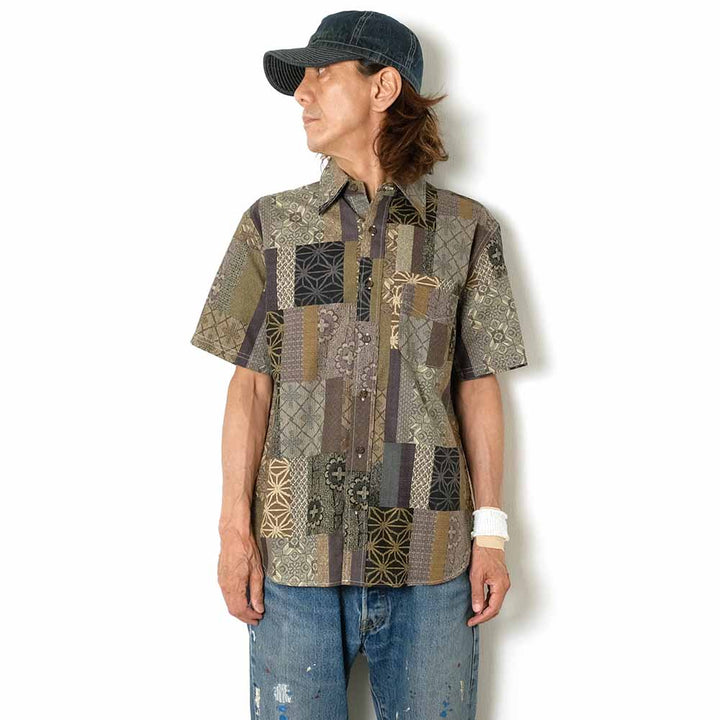 衣櫻 - サザンクロス素材 - 半袖レギュラーシャツ - 大島紬調パッチワークプリント - SA1685