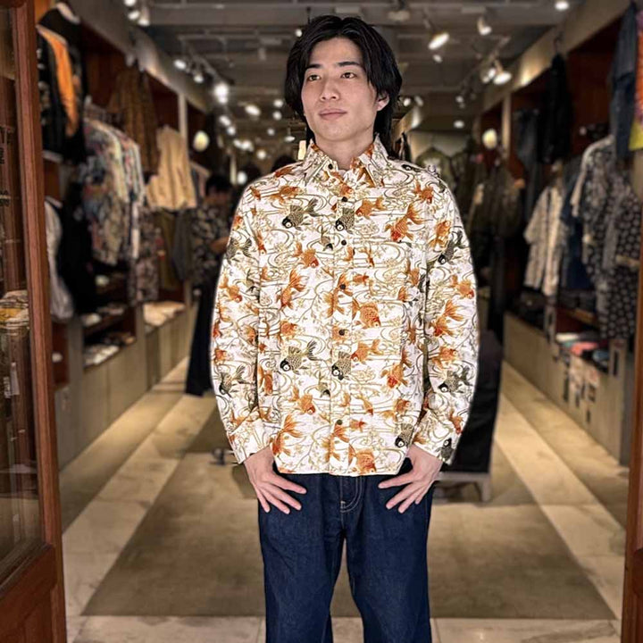 衣櫻 - サザンクロス素材 - 長袖レギュラーシャツ - 金彩流水金魚 - SA1725