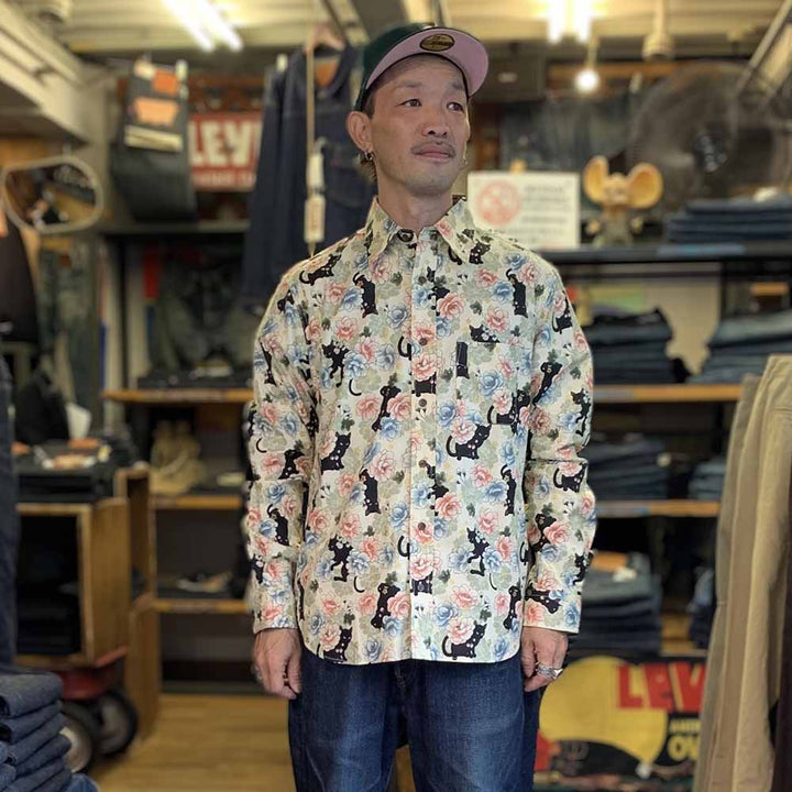 衣櫻 - シーチング素材 - 長袖レギュラーシャツ - ミニ黒猫 - SA1645