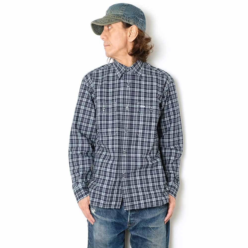 SUGAR CANE - FICTION ROMANCE - 4oz. INDIGO CHECK WORK SHIRT - SC29672