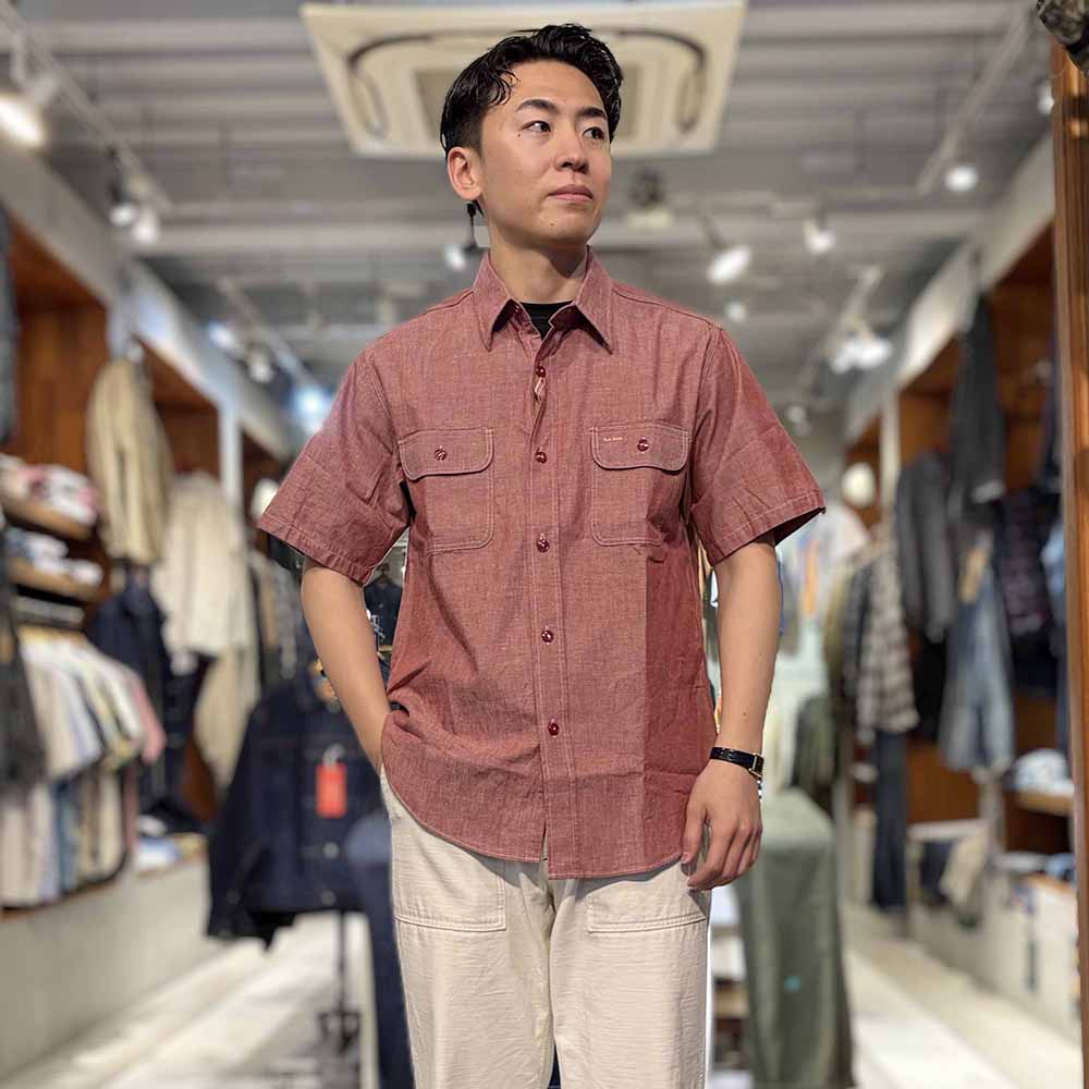 SUGAR CANE - RED CHAMBRAY WORK SHIRT - SHORT SLEEVE - SC39703