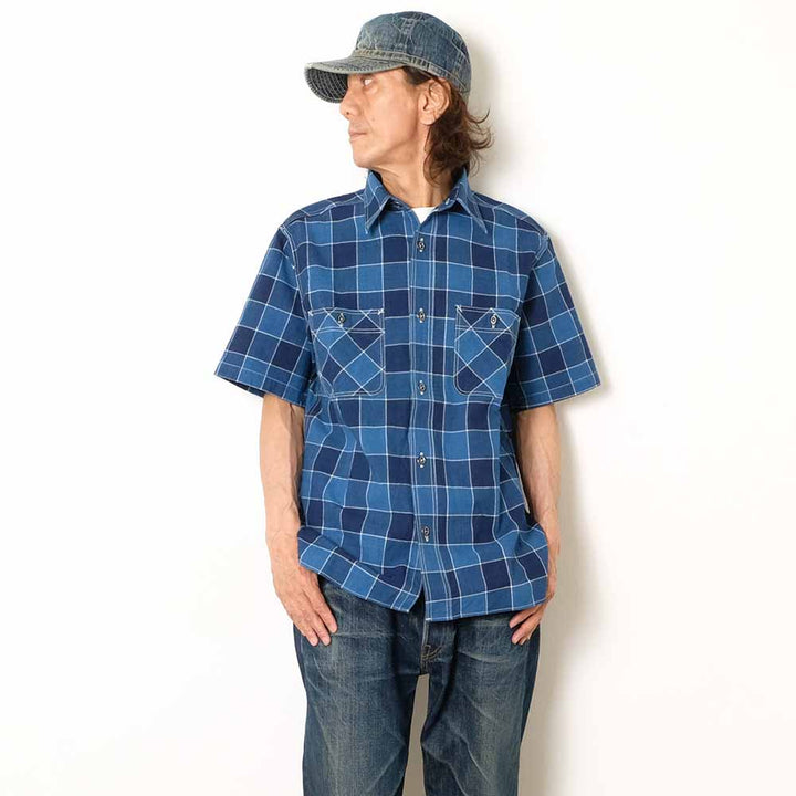 SUGAR CANE - FICTION ROMANCE - 5oz. INDIGO CHECK WORK SHIRT - SC39733