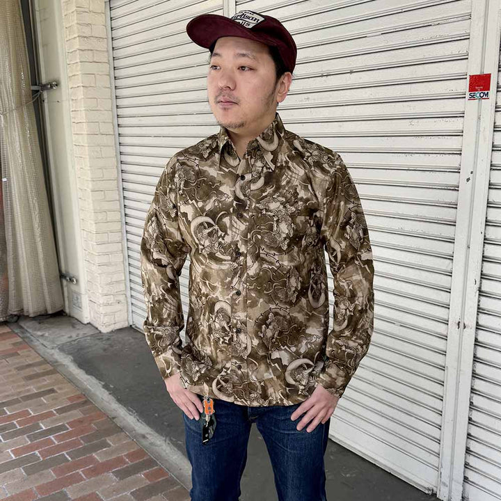 衣櫻 - シーチング素材 - 長袖レギュラーシャツ - 風神雷神 - SA1749