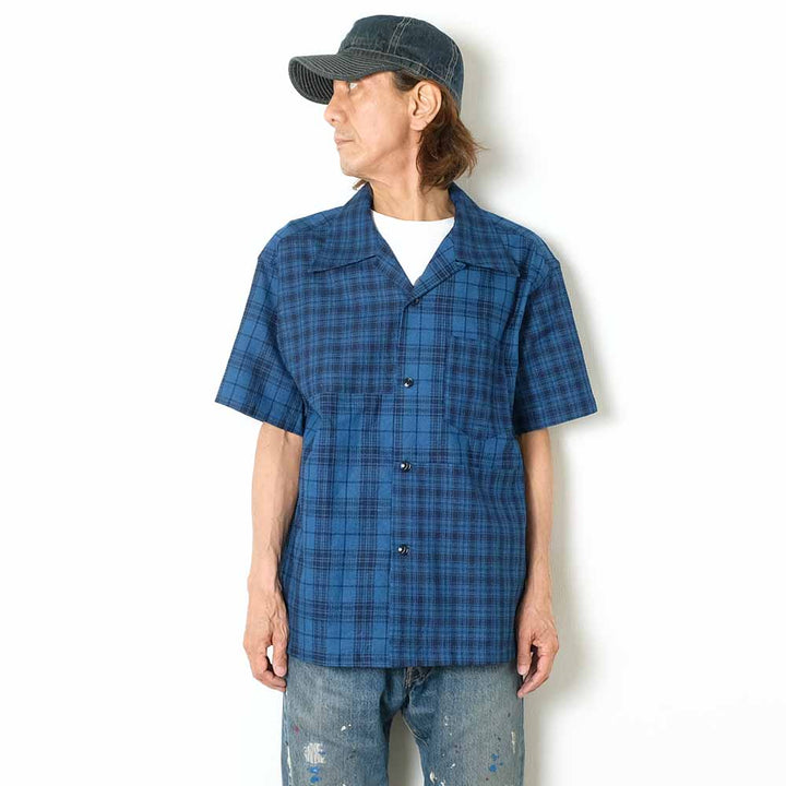 SUGAR CANE - Add human labor - INDIGO DOBBY CHECK CRAZY S/S OPEN SHIRT - SC39524