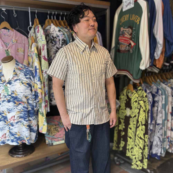 SUGAR CANE - COTTON STRIPE S/S WORK SHIRT - SC39730