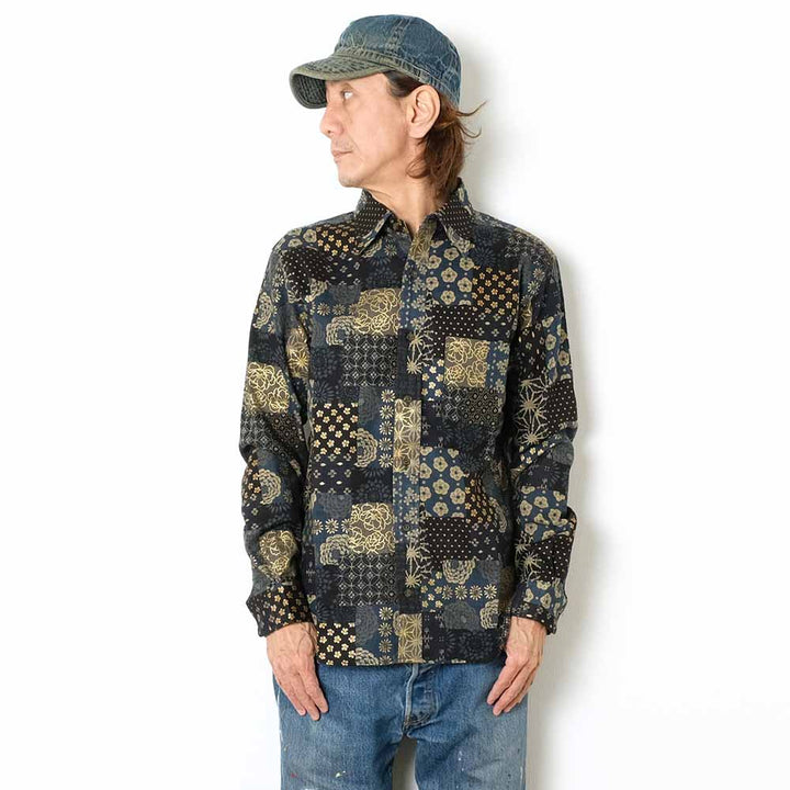 衣櫻 - ムラ糸クロス素材 長袖レギュラーシャツ - 大島紬調パッチワークプリント - SA1668