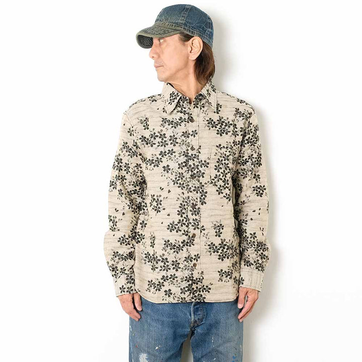 衣櫻 - 二重織ジャガードガーゼ素材 - 長袖レギュラーシャツ - 黒桜 - SA1661