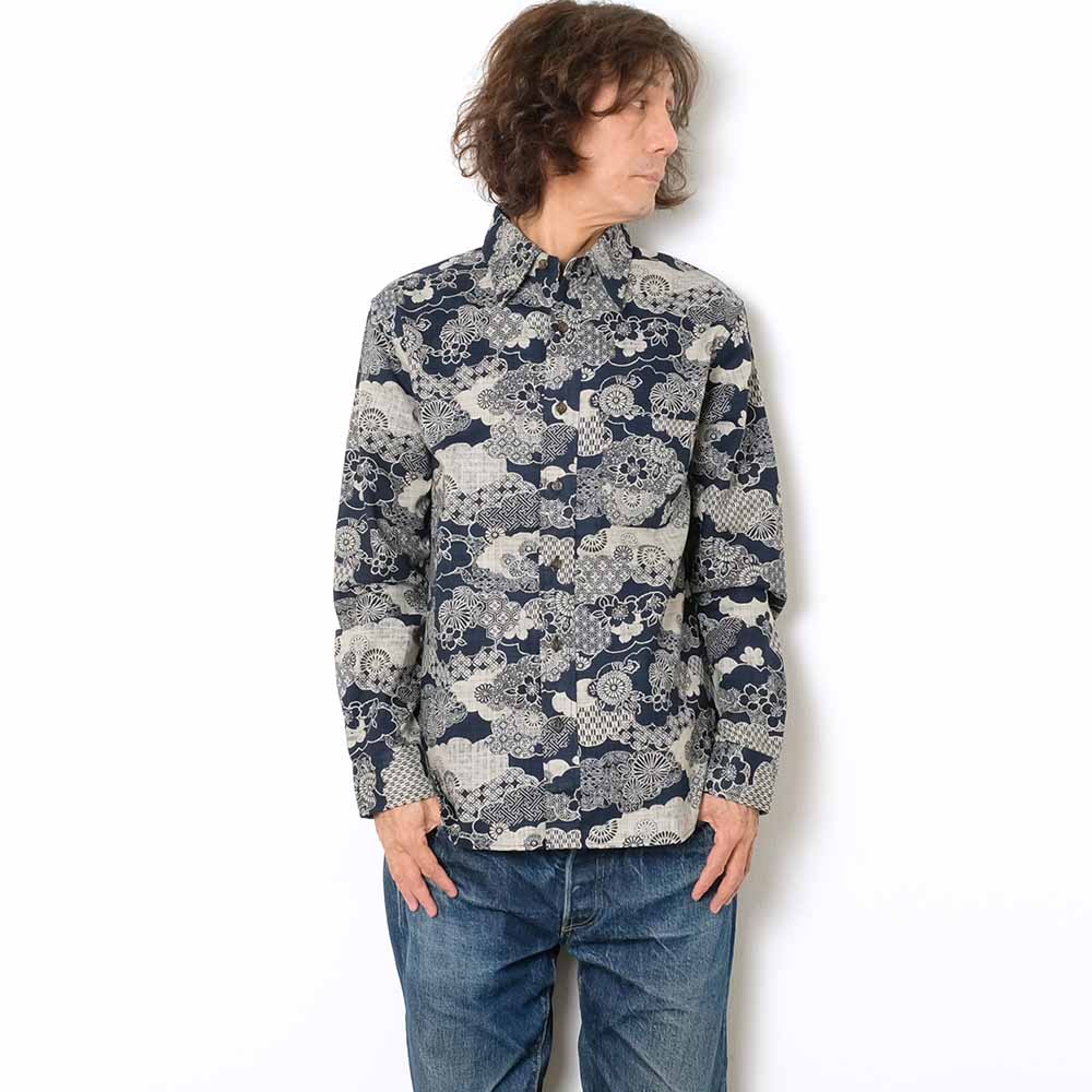 衣櫻 - ムラ糸クロス素材 - 長袖レギュラーカラーシャツ - 雲取 - SA1595