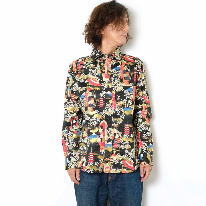 衣櫻 - シャンタン素材 長袖レギュラーシャツ - 金箔京舞妓 - SA1567