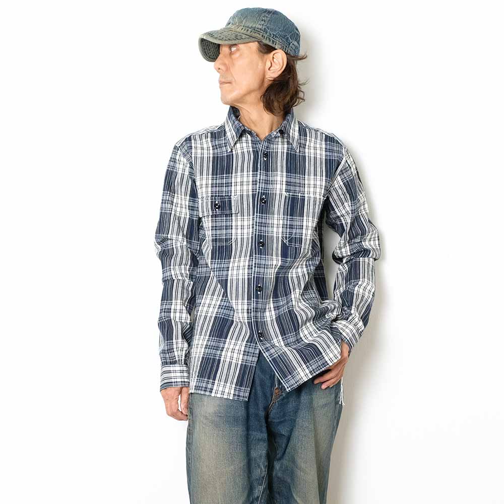 SUGAR CANE - FICTION ROMANCE - 6oz. INDIGO CHECK WORK SHIRT - SC29670