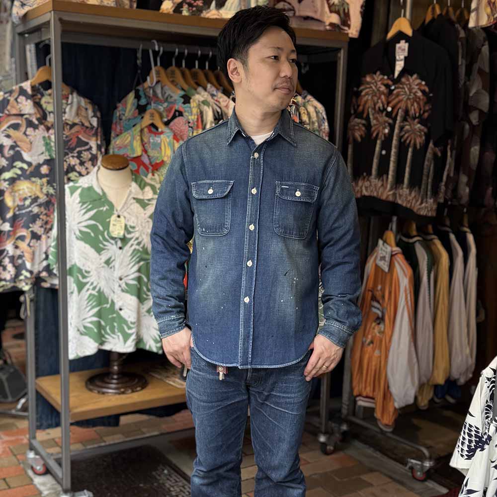 SUGAR CANE - BLUE DENIM WORK SHIRT AGED MODEL - SC29474