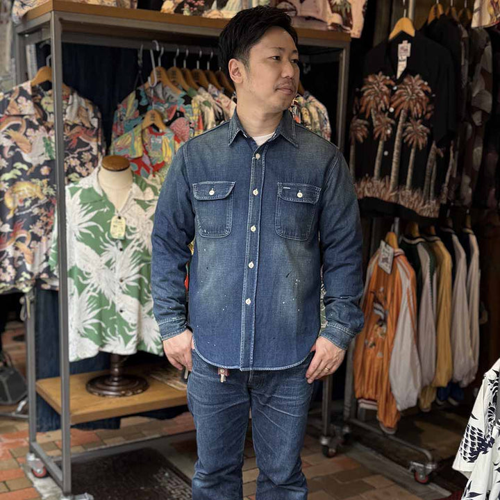 SUGAR CANE - BLUE DENIM WORK SHIRT AGED MODEL - SC29474