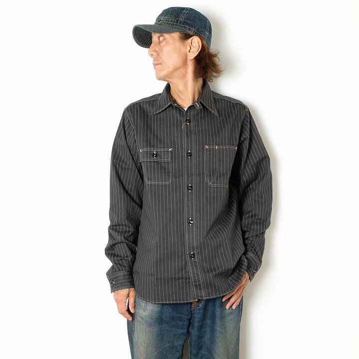 SUGAR CANE - FICTION ROMANCE - 8.5oz. BLACK WABASH STRIPE WORK SHIRT - SC29585