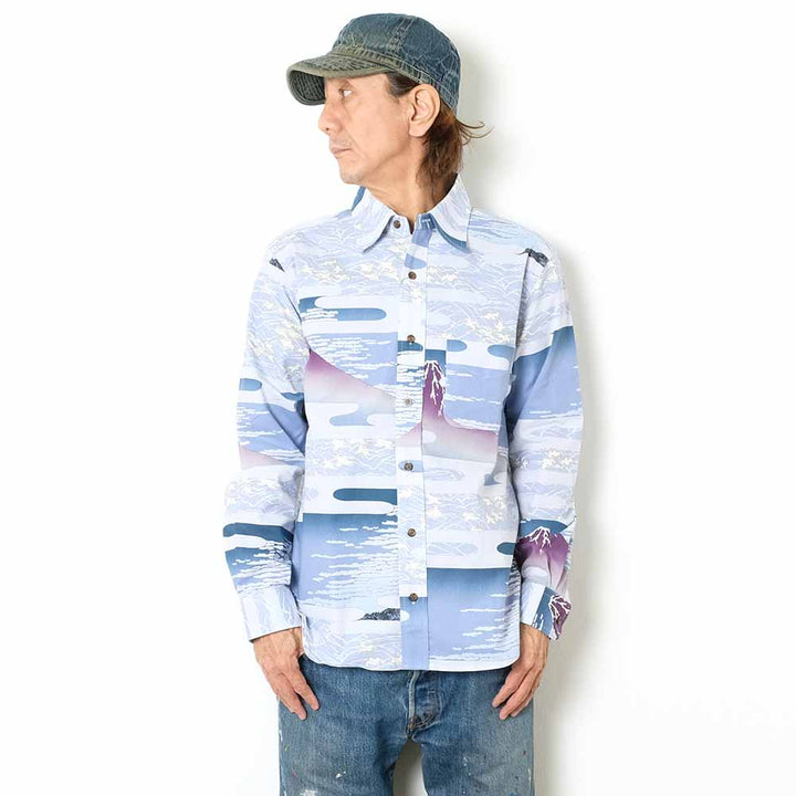 衣櫻 - シーチング素材 - 長袖レギュラーシャツ - 赤富士 - SA1665