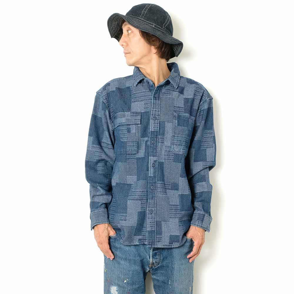 衣櫻 - コットンジャガード素材 - 長袖ワークシャツ - パッチワークジャガード - SA1648