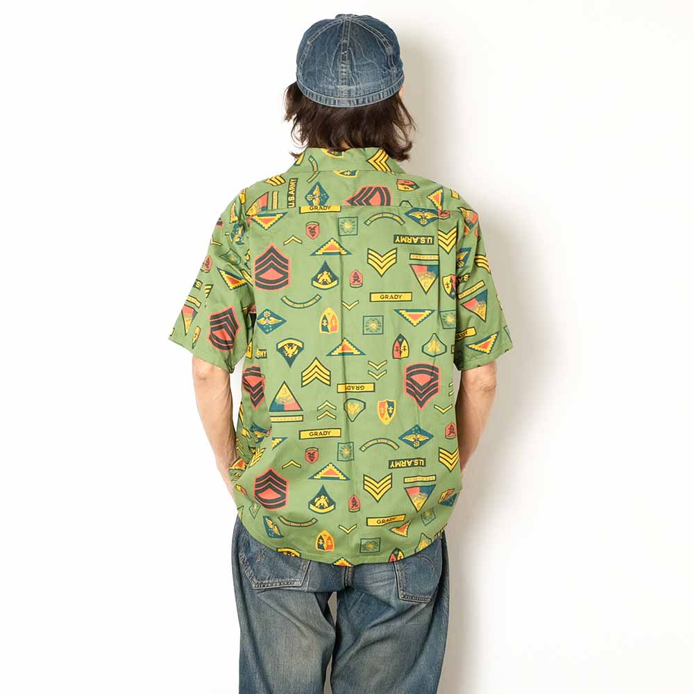 SUN SURF - COTTON HERRINGBONE HAWAIIAN SHIRT - INSIGNIA OF ARMY - SS39696