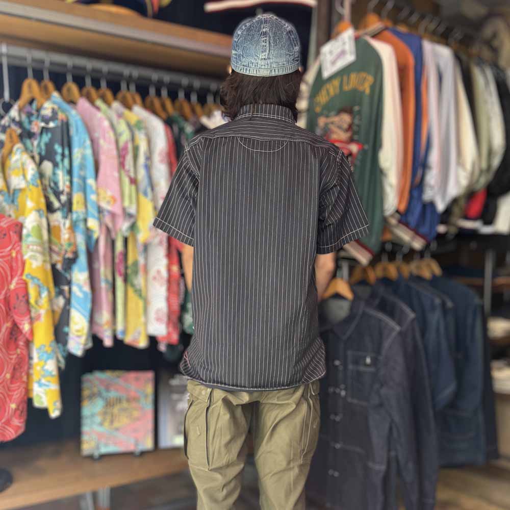 SUGAR CANE - FICTION ROMANCE - 8.5oz. BLACK WABASH STRIPE - S/S WORK SHIRT - SC39702
