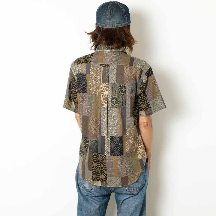 衣櫻 - サザンクロス素材 - 半袖レギュラーシャツ - 大島紬調パッチワークプリント - SA1685