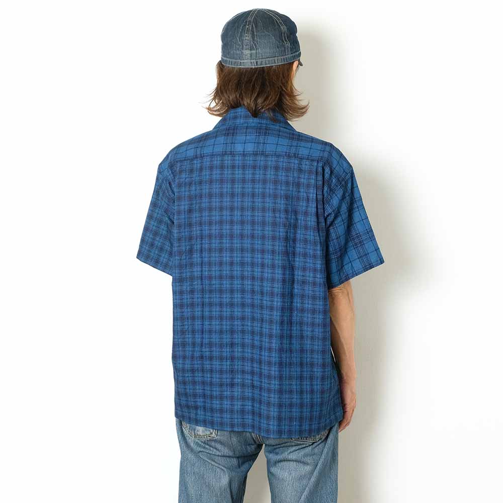 SUGAR CANE - Add human labor - INDIGO DOBBY PLAID CRAZY S/S OPEN SHIRT - SC39524