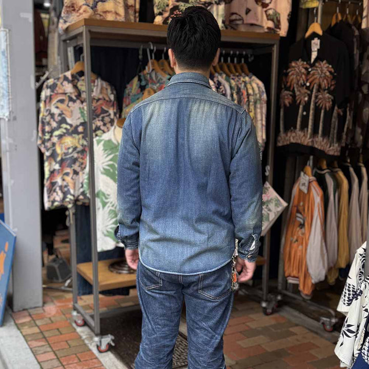 SUGAR CANE - BLUE DENIM WORK SHIRT AGED MODEL - SC29474
