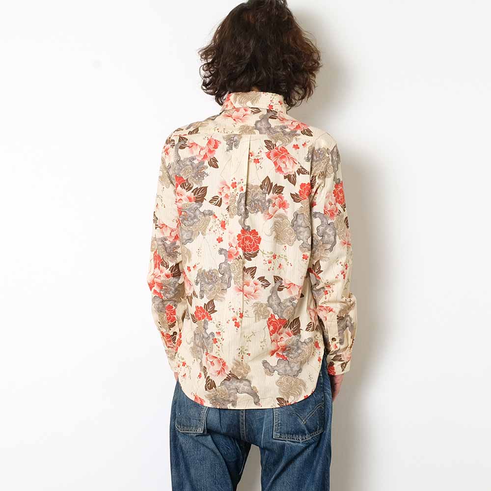 衣櫻 - シーチング素材 - 長袖レギュラーカラーシャツ - 唐獅子牡丹 - SA1566