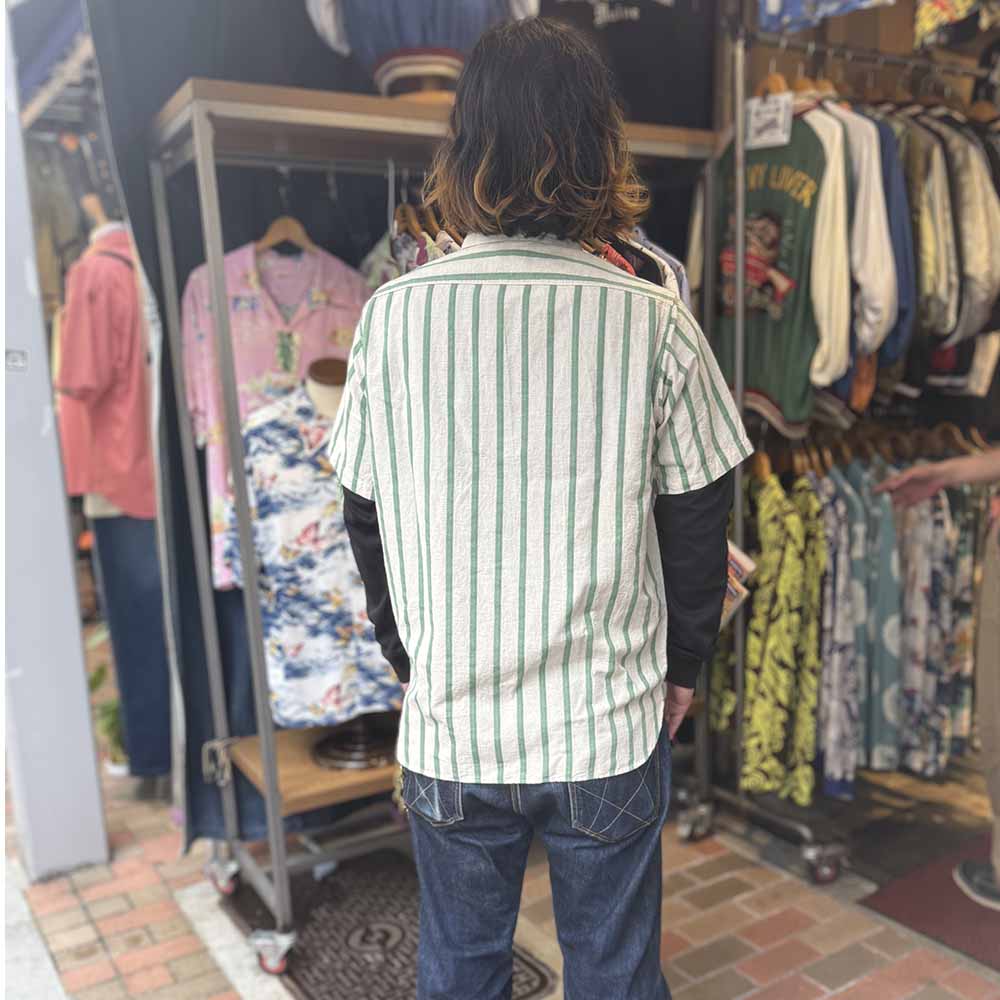 SUGAR CANE - COTTON LINEN - DOBBY HERRINGBONE STRIP - S/S WORK SHIRT - SC39727
