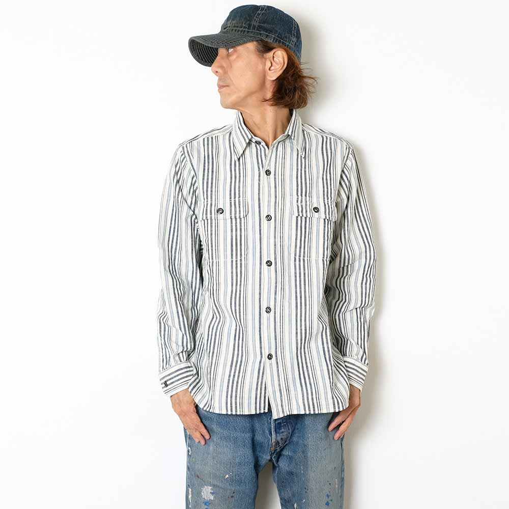 SUGAR CANE - FICTION ROMANCE - 5.5oz. INDIGO STRIPE WORK SHIRT - SC29592