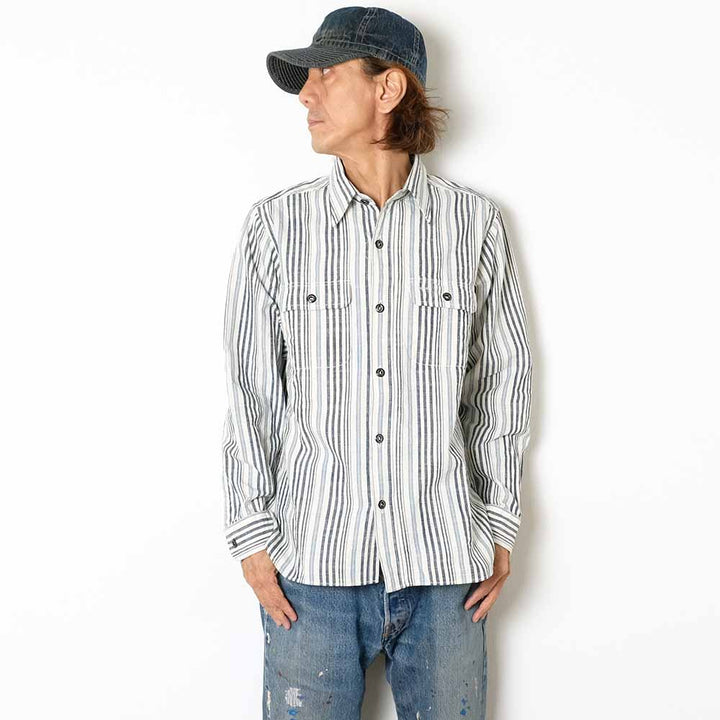 SUGAR CANE - FICTION ROMANCE - 5.5oz. INDIGO STRIPE WORK SHIRT - SC29592