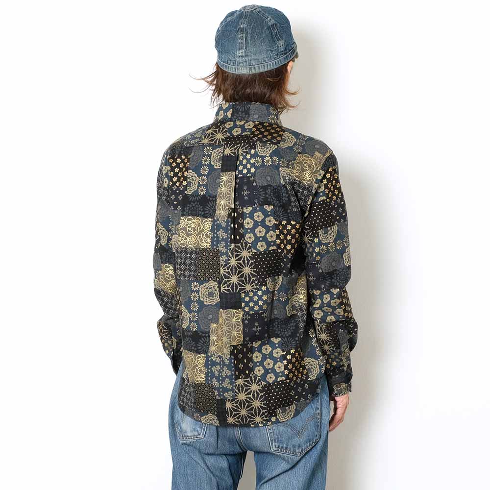 衣櫻 - ムラ糸クロス素材 長袖レギュラーシャツ - 大島紬調パッチワークプリント - SA1668