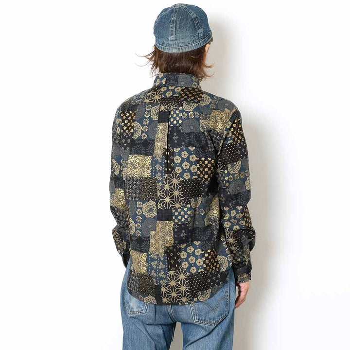 衣櫻 - ムラ糸クロス素材 長袖レギュラーシャツ - 大島紬調パッチワークプリント - SA1668