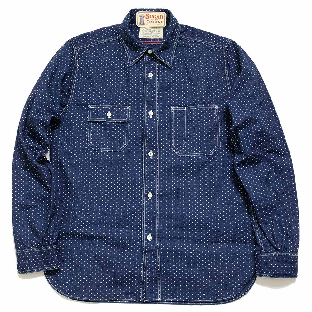 SUGAR CANE - FICTION ROMANCE - 4.5oz. INDIGO - CASINO STRIPE - WORK SHIRT (LONG SLEEVE) - SC28651