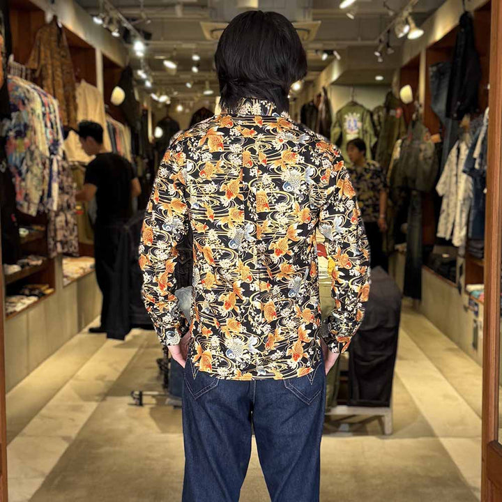 衣櫻 - サザンクロス素材 - 長袖レギュラーシャツ - 金彩流水金魚 - SA1725