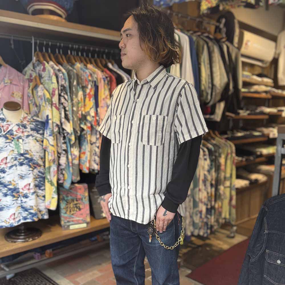SUGAR CANE - COTTON LINEN - DOBBY HERRINGBONE STRIP - S/S WORK SHIRT - SC39727