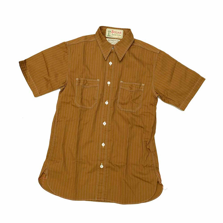 SUGAR CANE - FICTION ROMANCE - 8.5oz. BROWN WABASH STRIPE - S/S WORK SHIRT - SC38700