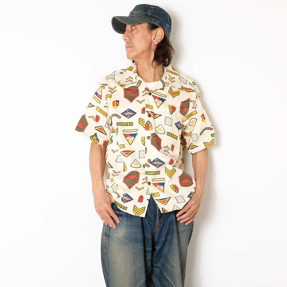 SUN SURF - COTTON HERRINGBONE HAWAIIAN SHIRT - INSIGNIA OF ARMY - SS39696
