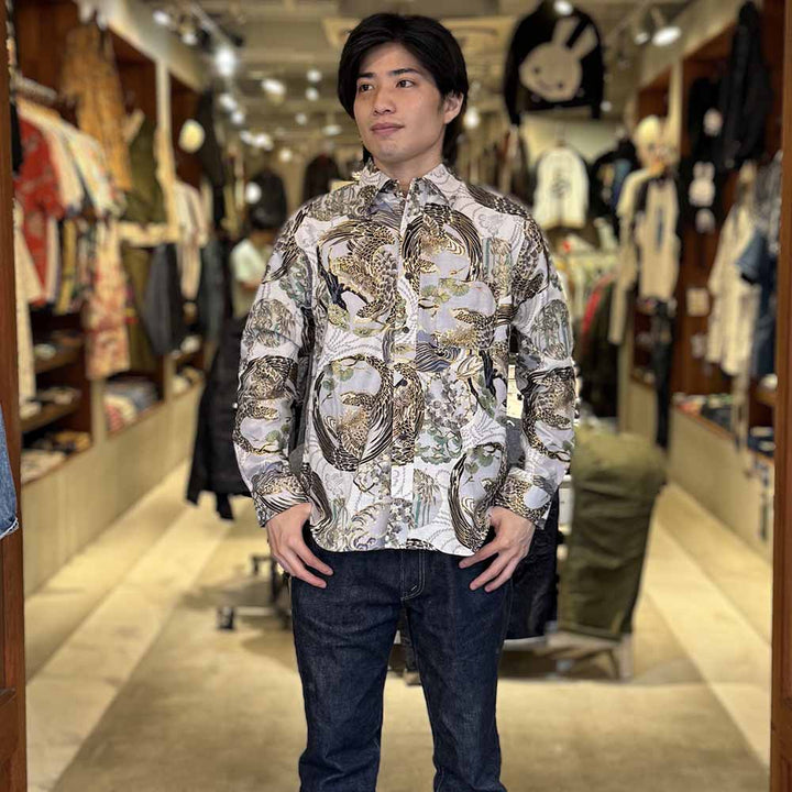 KOROMO ZAKURA - Southern Cloth - Long-Sleeve Regular Shirt - Hawk depicted with Japanese traditional technique, KINSAI-style - SA1727