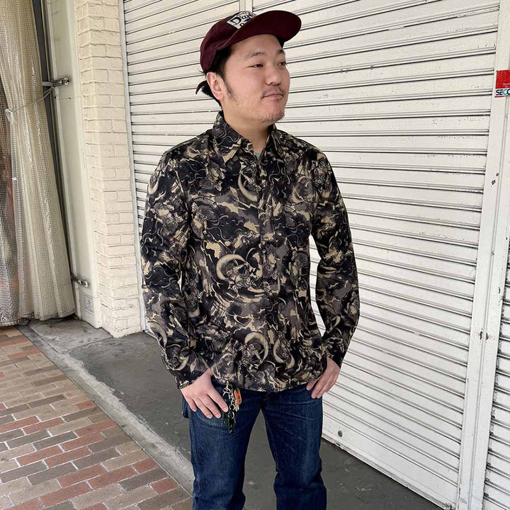 衣櫻 - シーチング素材 - 長袖レギュラーシャツ - 風神雷神 - SA1749