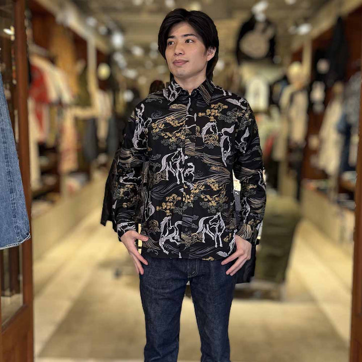 KOROMO ZAKURA - Southern Cloth - Long-Sleeve Regular Shirt - Ink painting horse depicted with Japanese traditional technique, KINSAI-style - SA1726