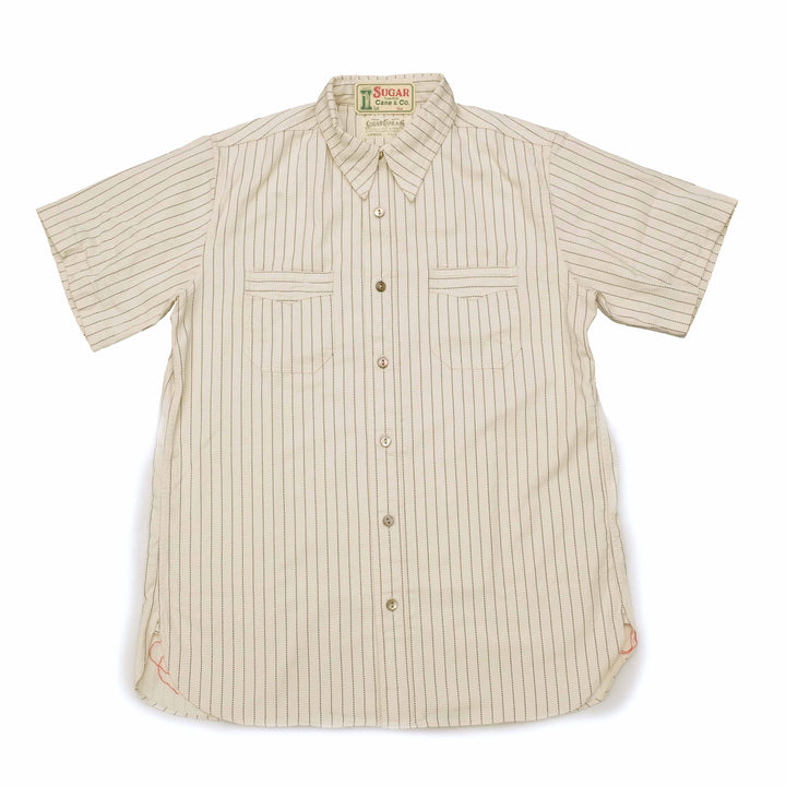 SUGAR CANE FICTION ROMANCE 8.5oz. WHITE WABASH STRIPE S/S WORK SHIRT SC37275