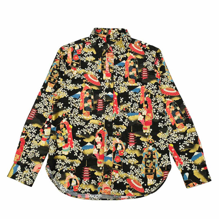 衣櫻 - シャンタン素材 長袖レギュラーシャツ - 金箔京舞妓 - SA1567